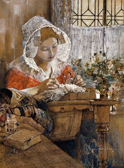 The Flander Lacemaker, n. 1925 (guassi, pastelli ja lyijykynä ruskealla paperilla) tekijältä George Wharton Edwards