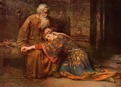 Shakespeare: Cordelia lohduttaa kuningas Learia vankilassa, Kuningas Lear, V näytös, kohtaus 3 (värilitho) tekijältä George William (after) Joy