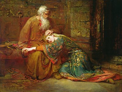 Cordelia lohduttaa isäänsä, kuningas Learia, vankilassa tekijältä George William Joy