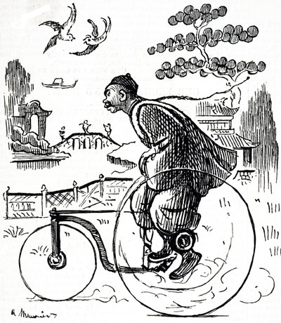 Sarjakuva, joka kuvaa kiinalaista miestä ajamassa kolmipyörällä puiston läpi Kiinassa. Kuvitettu George du Maurier (1834-1896) ranskalais-brittiläinen sarjakuvapiirtäjä ja kirjailija tekijältä George du Maurier