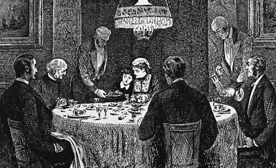 Yläluokan perhe pöydässä tekijältä George du Maurier