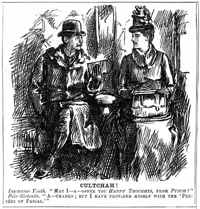 Yliopistokoulutuksen edut naisille. George du Maurier sarjakuva Punch Londonista 8. joulukuuta 1887. Nuori mies junavaunussa tarjoaa Cambridgen Girtonin valmistuneelle kevyttä luettavaa matkaa varten. Hän kieltäytyy sulavasti, koska hän on varustanut hänet tekijältä George du Maurier