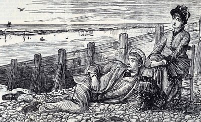 Sarjakuva, joka kuvaa pariskuntaa nauttimassa häämatkastaan pikkukivirannalla tekijältä George du Maurier
