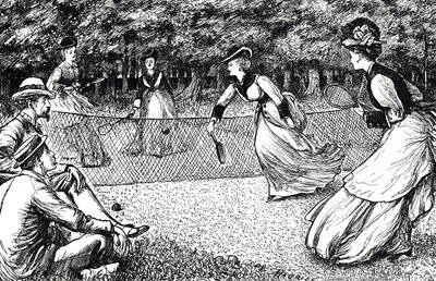 Sarjakuva, joka kuvaa nurmikon tennistä tekijältä George du Maurier