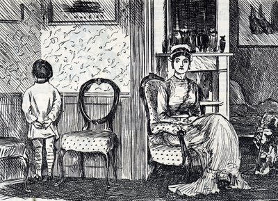 Sarjakuva, jossa äiti rankaisee poikaansa saattamalla tämän seisomaan seinää vasten tekijältä George du Maurier