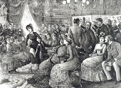 Sarjakuva, joka kuvaa tyypillistä salin konserttia tekijältä George du Maurier