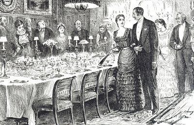 Sarjakuva "Going into Dinner" kuvaa nuorta paria saapumassa ruokasaliin tekijältä George du Maurier