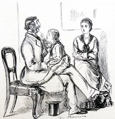 Lapsi kiehtoo tekohampaiden korjaamiseen käytettävää kumia tekijältä George du Maurier