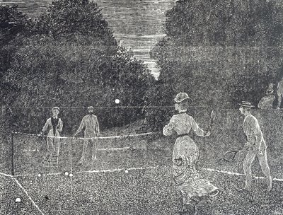 Valkoisen fosforimaalin käyttöä kuvaava kaiverrus, jota suositellaan tennispelaajille tekijältä George du Maurier