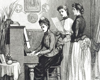 Kaiverrus, joka kuvaa nuoria naisia laulamassa olohuoneessa tekijältä George du Maurier