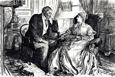 Georges du Maurierin sarjakuva, joka kuvaa miehen ja naisen keskustelua kalanmaksaöljyn rauhoittavista eduista. Englanti 1869 tekijältä George du Maurier