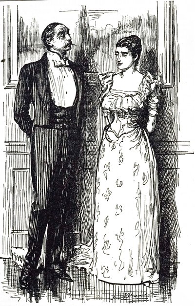 Georges du Maurierin sarjakuva, joka kuvaa miehen ja naisen keskustelua seuratapahtumassa, Englannissa 1891 tekijältä George du Maurier