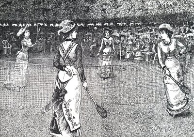 Naiset pelaamassa nurmikon tennistä. tekijältä George du Maurier