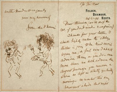 Kirje, jossa on piirros Whistleristä uhkailemassa Du Maurieria. tekijältä George du Maurier