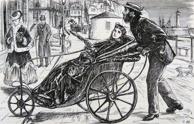 Patrick työntää naisen kylpytuolia tekijältä George du Maurier