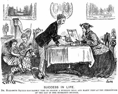 Menestys elämässä: Roolin kääntyminen ja moderni ammattinainen. George du Maurier sarjakuva Punch Almanackille vuodelle 1867. Vuonna 1865 Elizabeth Garrett Anderson (1836-1917) sai Apothecaries-yhdistyksen lisenssin harjoittaa toimintaansa. tekijältä George du Maurier