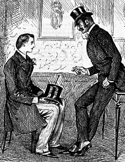 Kaksi herraa polttaa sikaria ja juttelee päivällisen jälkeen tekijältä George du Maurier