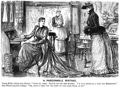 Yliopistokoulutus naisille tekee keskustelusta hämmentävän vähemmän koulutetuille ystävilleen. George du Maurier sarjakuva Punch Londonista 7. joulukuuta 1889. Kaiverrus tekijältä George du Maurier