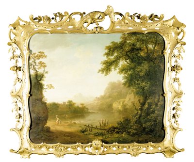 Italialainen metsäinen jokimaisema, jossa on hahmoja etualalla ja kylä takana, 1755 tekijältä George the Elder Barret