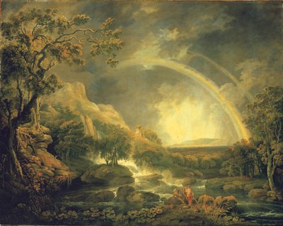 Laaja metsäinen jokimaisema, jossa kalastajat uima-altaan vieressä vesiputouksen alla ja sateenkaari tekijältä George the Elder Barret