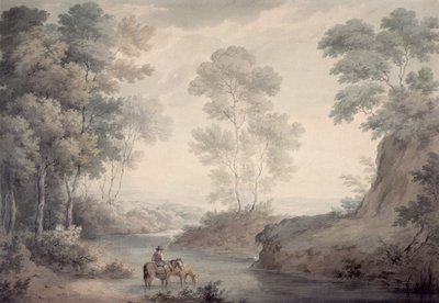 Maisema joen ja hevosten kastelulla tekijältä George the Elder Barret