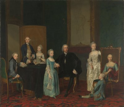 Muotokuva Pieter Cornelis Hasselaerista, hollantilaisen Itä-Intian yrityksen neuvonantajasta ja Amsterdamin burgomasterista perheensä kanssa tekijältä George van der Mijn