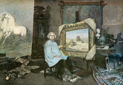 Taiteilija Rosa Bonheur ateljeessaan tekijältä Georges (1865-1951) Achille-Fould