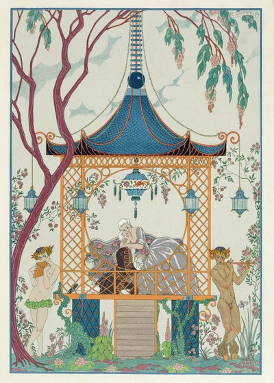 Kuvitus Paul Verlainen (1844-96) Fetes Galantesille, julkaistu 1928 (stensiilipainatus) tekijältä Georges (after) Barbier