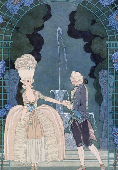 Rakkautta suihkulähteen alla, kuvitus Paul Verlainen (1844-96) "Fetes Galantes" -kappaleeseen 1928 (pokuorokuva) tekijältä Georges (after) Barbier