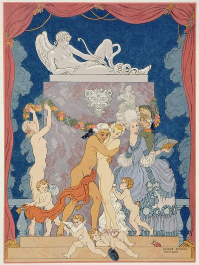 Kohtaus 1920-luvulla julkaistusta Pierre Choderlos de Laclosin (1741-1803) Les Liaisons Dangereuses -teoksesta (stencilprint) tekijältä Georges (after) Barbier