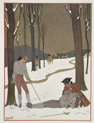 Valmontin ja Dancenyn kaksintaistelu, kuvitus Pierre Chodlerlos de Laclosin (1741-1803) "Les Liaisons Dangereuses" -teoksesta, julkaistu 1920-luvulla (pochoor print) tekijältä Georges (after) Barbier