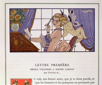 Ensimmäinen kirje, kuvitus Pierre Choderlos de Laclosin (1741-1803) Les Liaisons Dangereuses -teoksesta, julkaistu 1920-luvulla (stencilprint) tekijältä Georges (after) Barbier