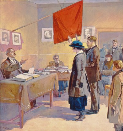 Siviilivihkiminen Venäjällä vallankumouksen aikaan, n. 1923 (värilitografia). tekijältä Georges (after) Carrey