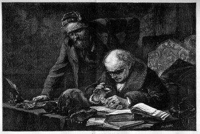 Egyptologi tutkii arkeologista esinettä Egyptistä toimistossaan. Bauden kaiverrus Moreau de Toursin maalauksesta. Kaiverrus "" Le Monde Illustré" -kirjassa tekijältä Georges (after) Moreau de Tours