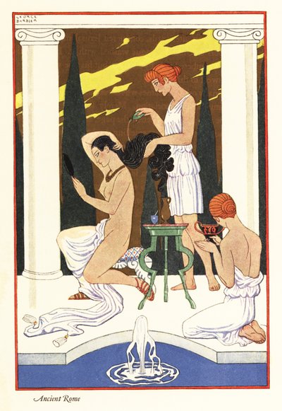 Orja kaataa tuoksuöljyä emäntänsä hiuksiin, antiikin Rooma 1928 (printti) tekijältä Georges Barbier