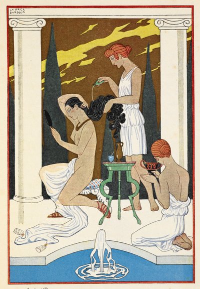 aRoma antiga. Un personatge que se li renta els cabells pels criats.finlandès tekijältä Georges Barbier
