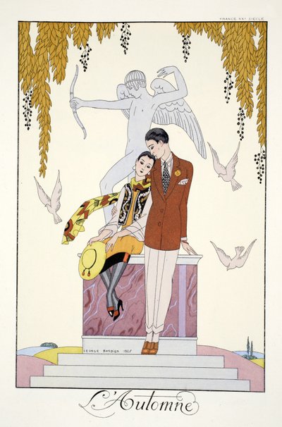 Syksy, teoksesta "Falbalas and Fanfreluches, Almanac of Present, Past and Future Modes" tekijältä Georges Barbier