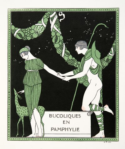 Bucoloques en Pamphylie, kuvitus Les Chansons de Bilitisistä, Pierre Louys, pub. 1922 (stensiiliprintti) tekijältä Georges Barbier