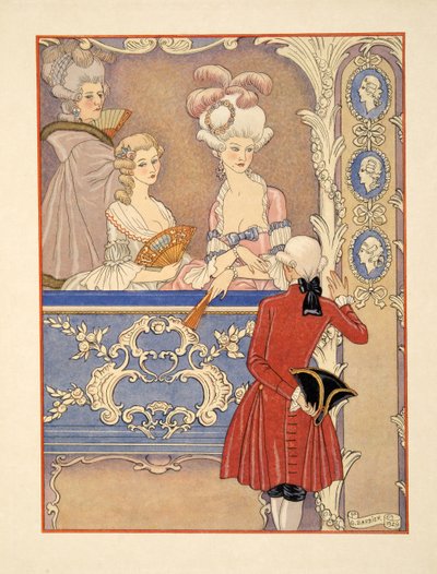 Cécile de Volanges ja; Markiisi Isabelle de Merteuil teatterissa, kuvitus Pierre Choderlos de Laclosin (1741-1803) pubista "Les Liaisons Dangereuses". 1934 (stensiiliprintti) tekijältä Georges Barbier