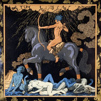 Hän, joka ratsastaa mustalla hevosella, n. 1917-1920 (stensiili) tekijältä Georges Barbier