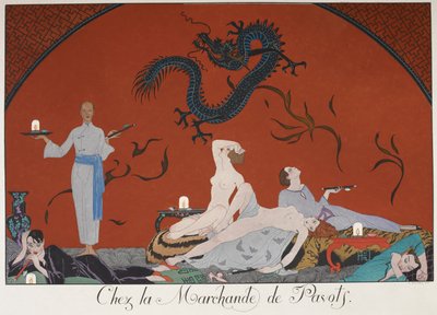 Chez la Marchande de Pasots. Ihmisiä, jotkut alasti, makaamassa huoneessa. kiinalainen koristelu. tekijältä Georges Barbier