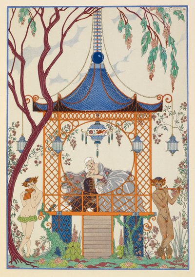 Cythère. Mies ja nainen paviljongissa syleilemässä. Myyttisiä olentoja ulkona soittamassa piippua. tekijältä Georges Barbier