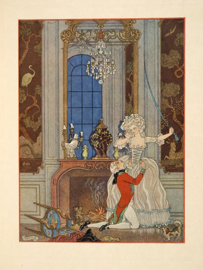 Danceny julistamassa rakkauttaan Cecilelle, kuvitus Pierre Choderlos de Laclosin (1741-1803) pubista "Les Liaisons Dangereuses". 1934 (stensiiliprintti) tekijältä Georges Barbier