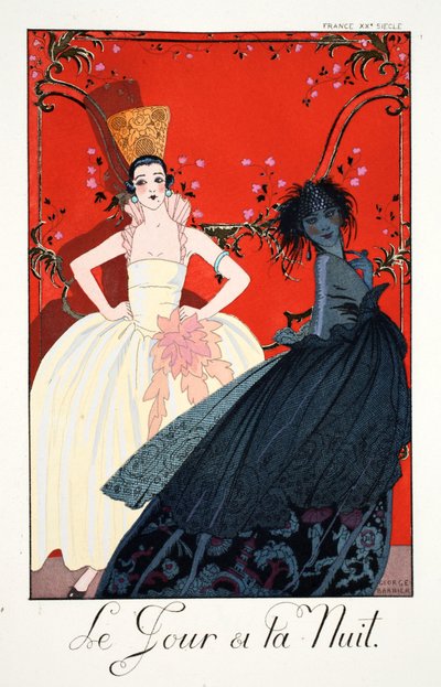 Päivä ja yö, teoksesta "Falbalas and Fanfreluches, Almanac of Present, Past and Future Modes" tekijältä Georges Barbier