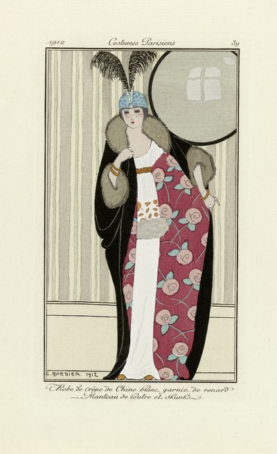 Suunnittelu mekkoon, joka on valmistettu Crepe de Chinesta ja turkista, Costumes Parisien, pub.1912 (pochoir print) tekijältä Georges Barbier