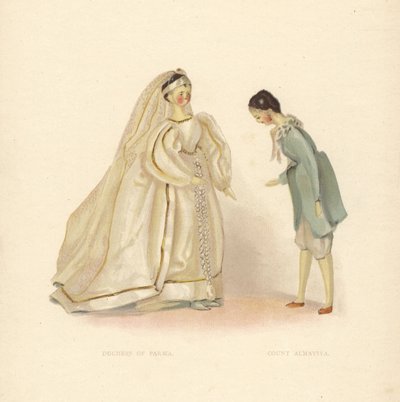 Parman herttuattaren ja kreivi Almavivan nuket, Sevillan parturi, nuoren prinsessa Victorian pukema. Värilevy Alan Wrightin kuvituksen mukaan Frances H. Lowin Queen Victoria