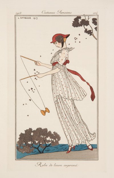 Mekko painettua pellavaa, kuvitus julkaisusta "Journal des Dames et des Modes" tekijältä Georges Barbier