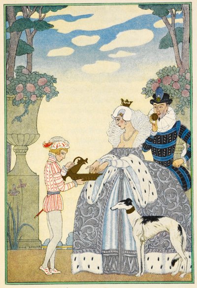 Elisabetin Englanti. Nainen ja herrasmies ja palvelija. Vinttikoira. tekijältä Georges Barbier