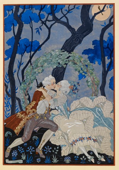 En Sourdine. Mies ja nainen suutelevat kuunvalossa. tekijältä Georges Barbier