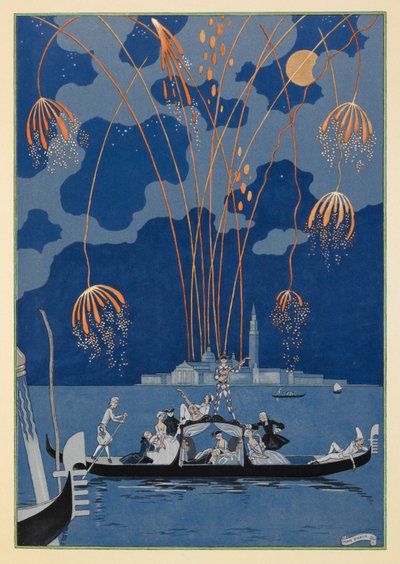 En bateau. Ilotulitus Venetsiassa. Ihmisiä gondolissa. tekijältä Georges Barbier